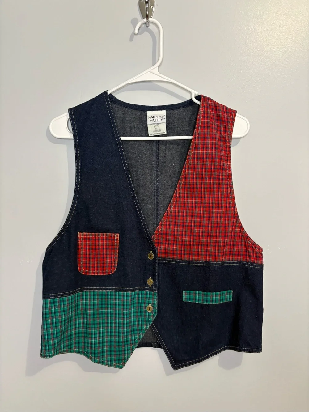Vintage Napa Valley Plaid Patchwork Vest Denim Red Green Women’s Medium Light - Picture 3 of 13